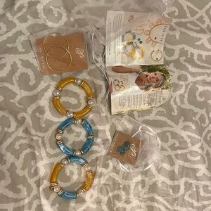 Plunder Studs, three bangles, gold circle earring